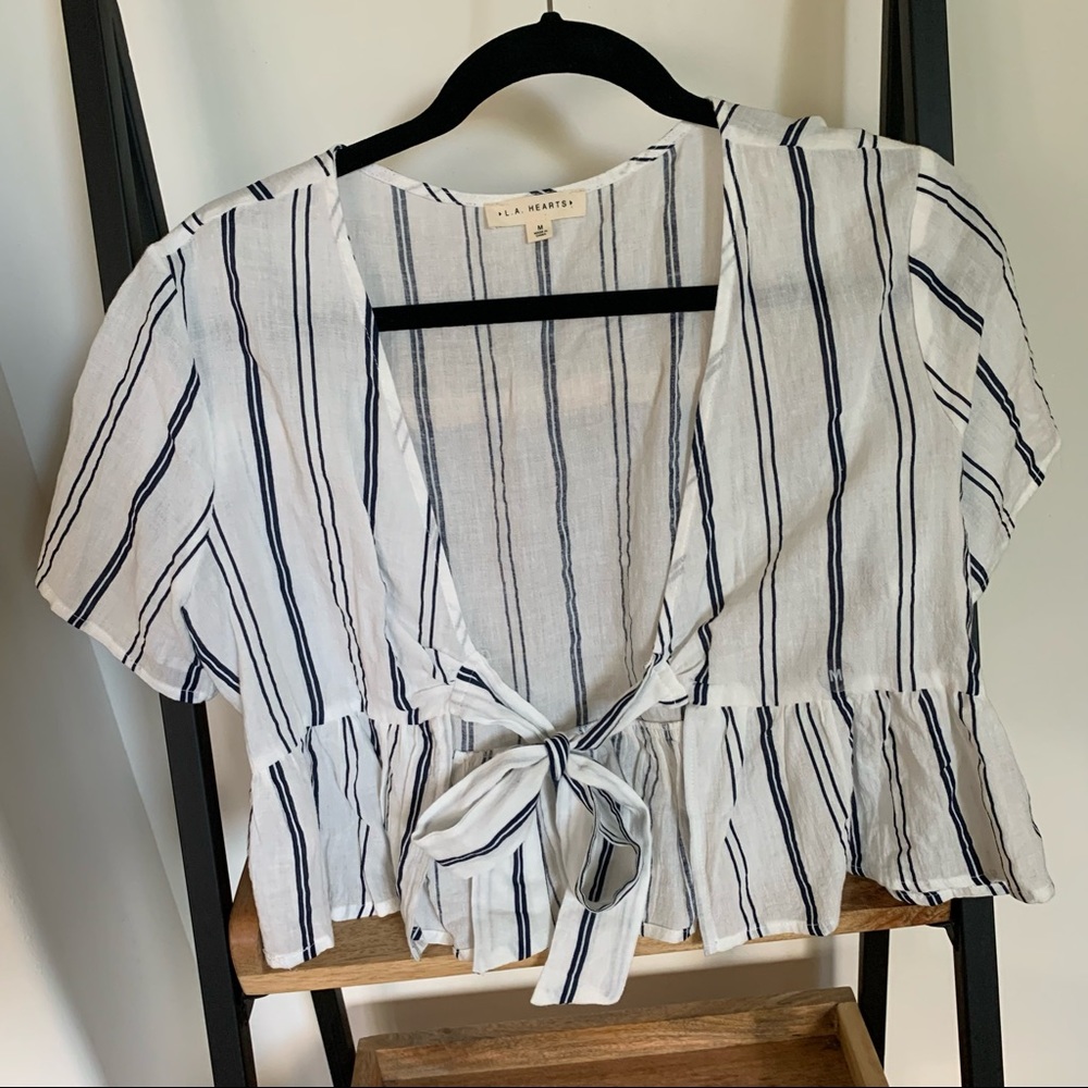 Pacsun White and Navy Striped Front Tie Top